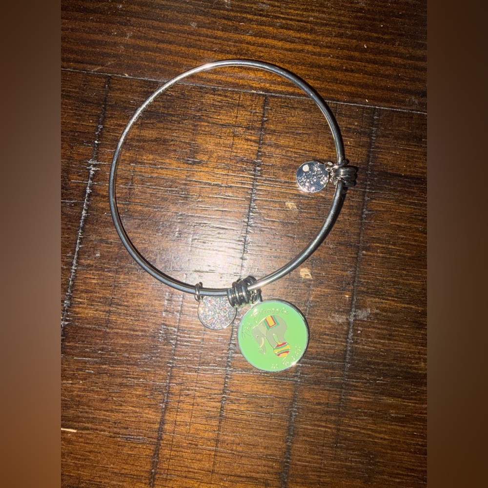 Silver Tone Charm Bangle Bracelet with Quote Disc & Green Enamel Charm